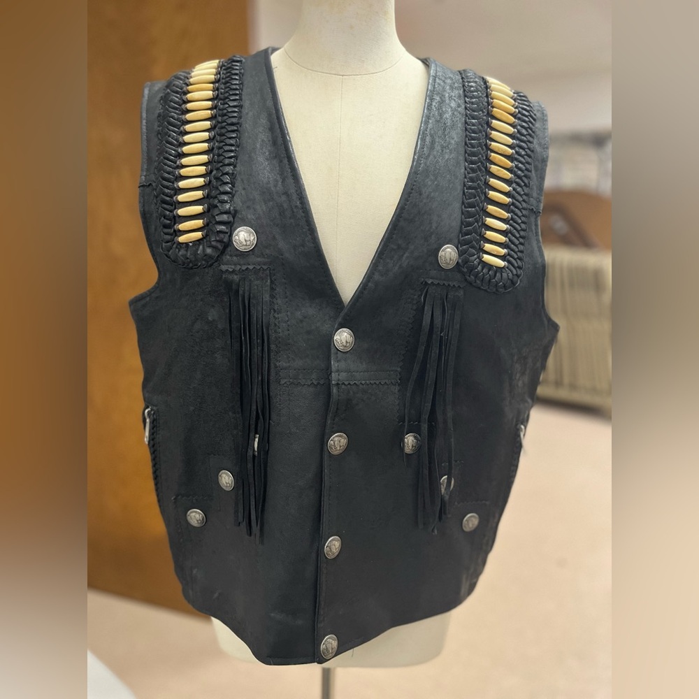 Black Leather Vest with Bead and Button Details